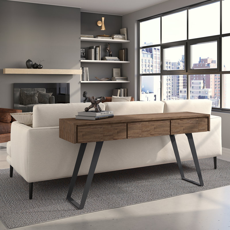 Lowry 60"W Solid Wood Modern Industrial Storage Console Table with 3 Storage Drawers and Metal Legs