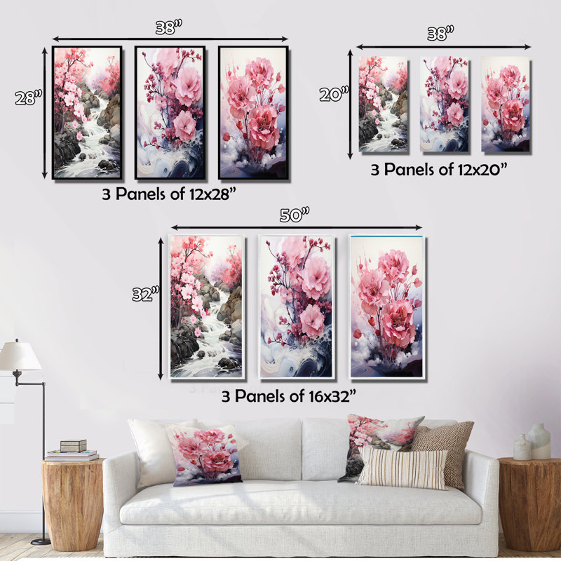 «Pink Grey Minimalisme Serenity In River», 3 pièces sur toile, Cadre flottant blanc, H 32 po x l 48 po