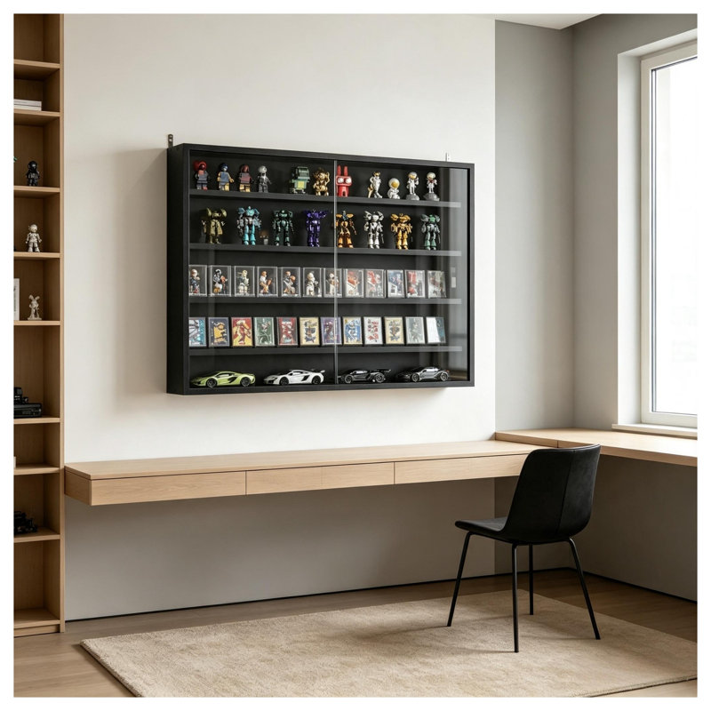 Vitrine murale noire en verre avec 4 tablettes réglables, vitrine multi-niveaux moderne pour objets de collection