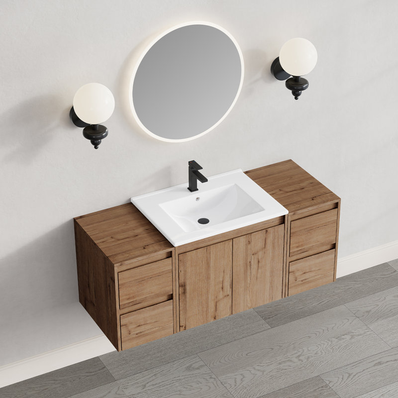 Meuble-lavabo mural 48 po avec armoire latérale, tiroirs à fermeture en douceur, tablettes réglables et grand espace de rangement