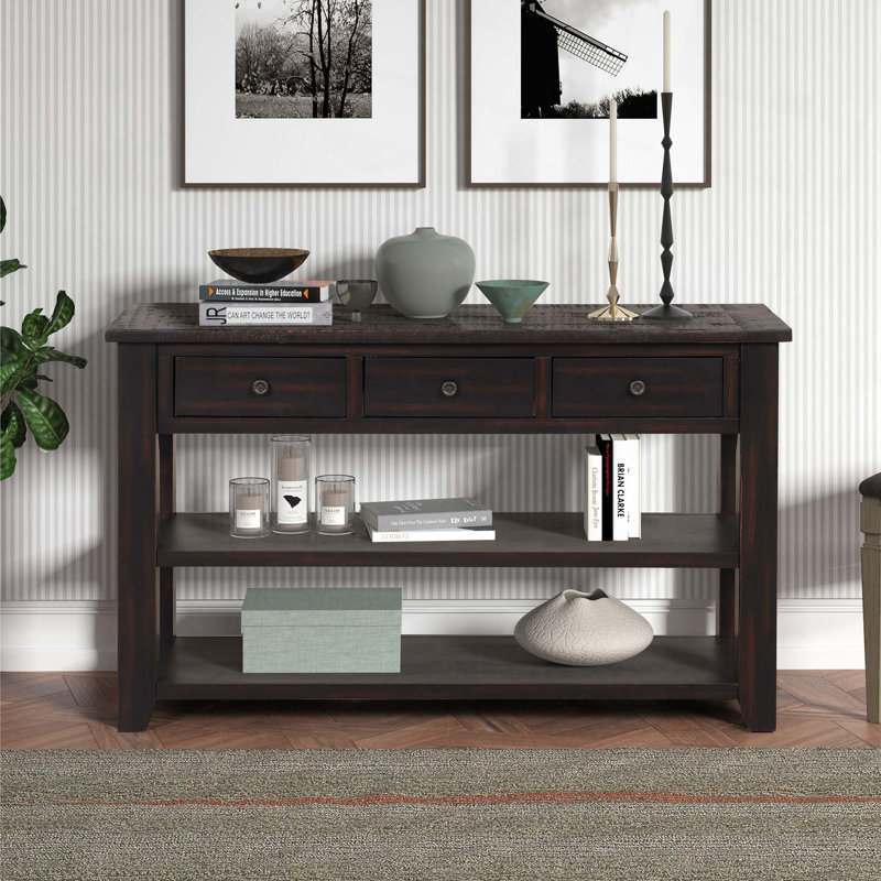 Console en bois de pin massif 48 po, table d'appoint moderne avec 3 tiroirs de rangement et 2 tablettes, Distressed Black