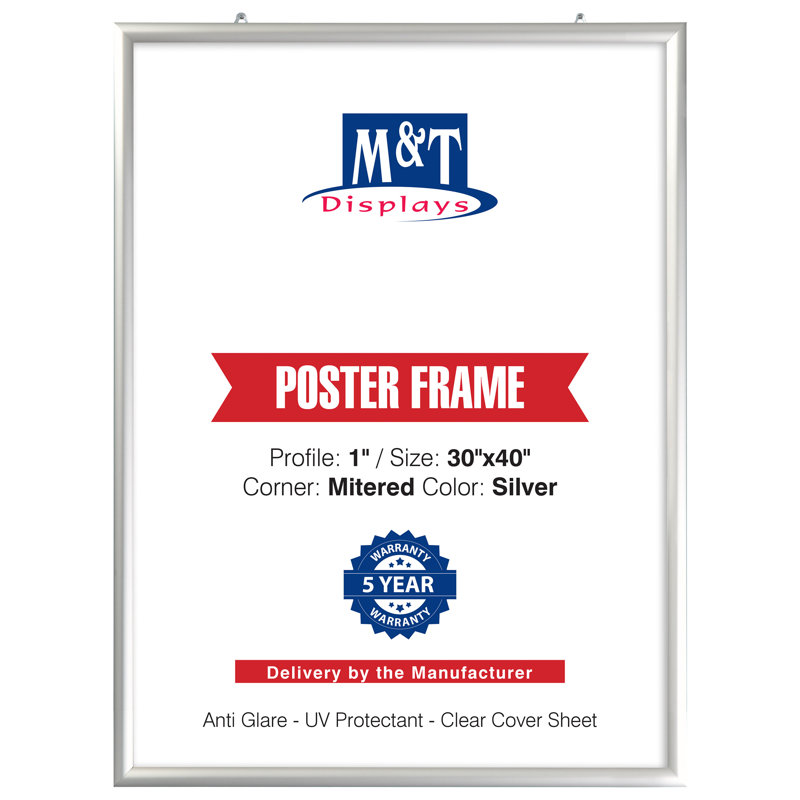Porte-affiche mural portatif 1 po en aluminium à chargement frontal 24 po x 36 po noir, 30 po x 40 po, Argent