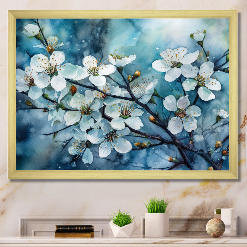 " White Blue Apple Tree Melody ", 16" H x 32" W x 1" D, Gold Picture Framed