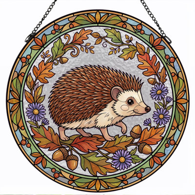 Hedgehog Autumn Stained Glass Window Panel，7.8H