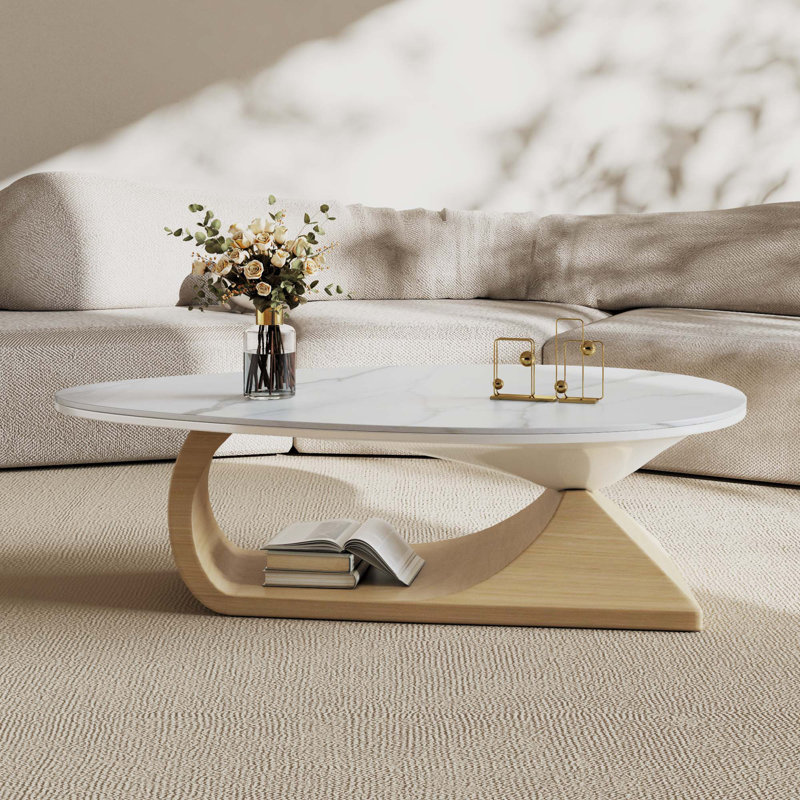 Albanese 47.2" Modern White Oval Coffee Table, Living Room Table Center Table with Faux Marble Top, Natural