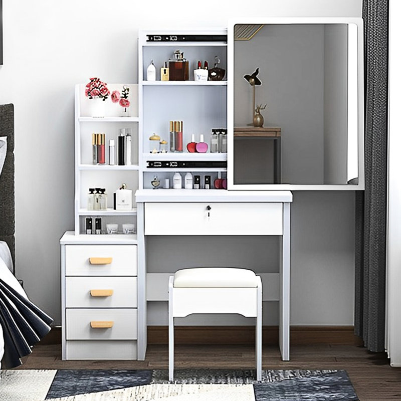 Bureau de coiffeuse à la mode avec miroir d'éclairage 3 couleurs - rangement multiple, lumières contemporaines blanches et support à 4 tiroirs