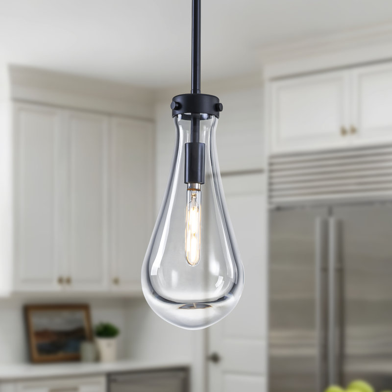 1-light Teardrop Modern Clear Raindrop Glass Pendant, Matte Black