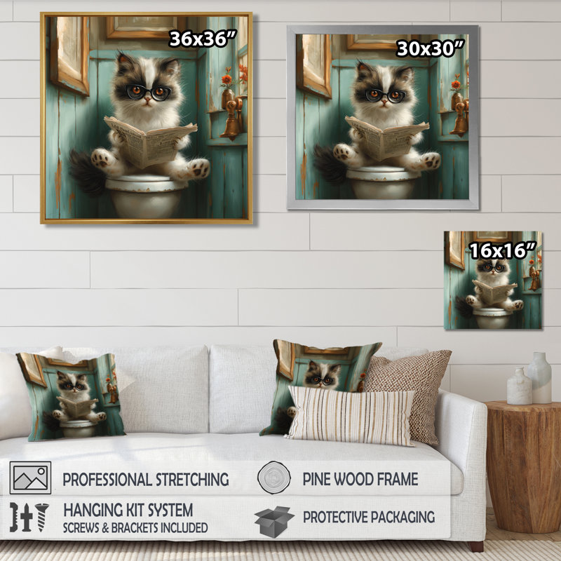 Mignon chat avec lunettes lisant le journal sur la toilette - Art mural de toilette, Cadre simple blanc
