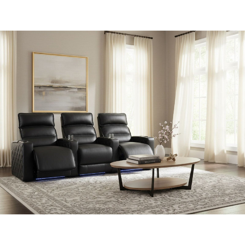 Upholstered Home Theater Seating with Cup Holder, Black Genuine Leather