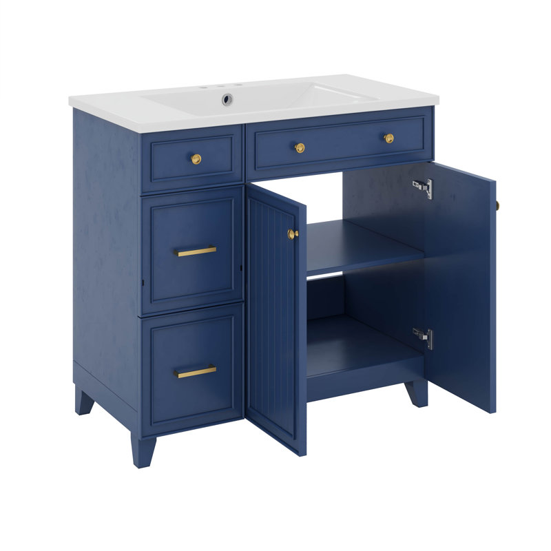 Meuble-lavabo 36 po avec lavabo en céramique, tiroirs standard et double couche, tablettes réglables, Bleu
