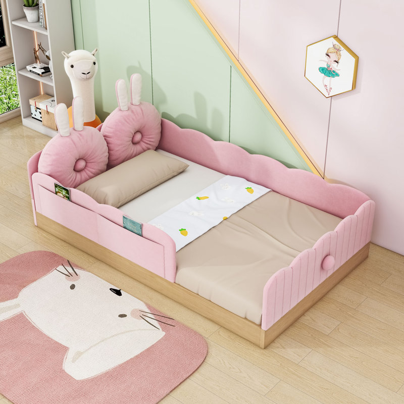 Lit plateforme simple tapissier avec sacs de rangement et coussins en forme d'animaux, Rose