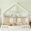 Lit plateforme simple en bois, deux lits partagés avec tablettes et garde-corps, blanc crème, lit