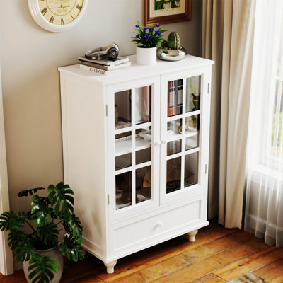 Minimalist White Buffet Cabinet With Double Glass Doors And Drawer