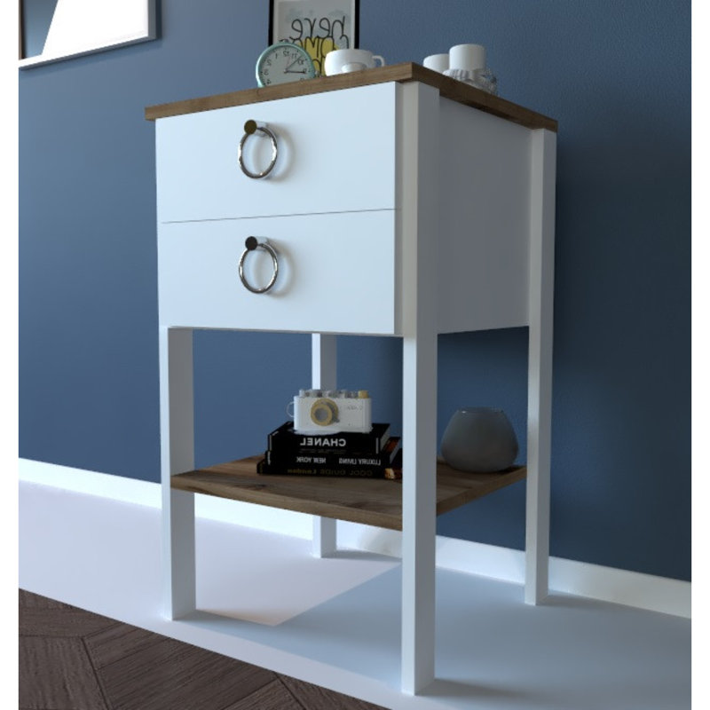 Table de chevet 2 tiroirs Shuler en blanc / noyer