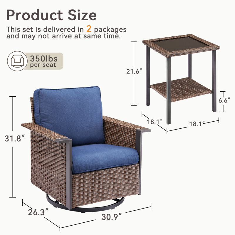 Ensemble de chaises berçantes pivotantes d'extérieur 3 pièces avec table d'appoint et chaises de patio coulissantes à accoudoirs larges pour porche ou terrasse