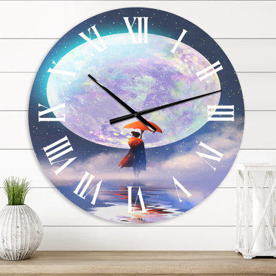 Woman With Umbrella Standing On Water Against Moon - Traditional wall clock