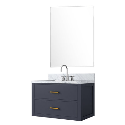 30 po L x P 22 po. Meuble-lavabo bleu, comptoir en marbre, robinet inclus et 28 miroirs avec comptoir