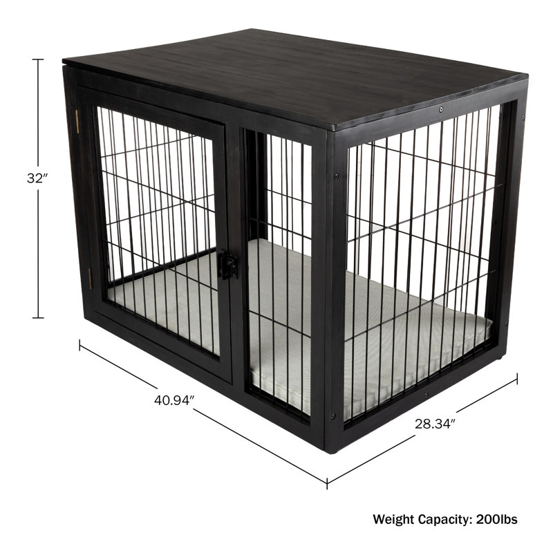 PETMAKER Furniture-Style Dog Crate - Acacia Wood Kennel with Double Doors and Cushion - Dog Cage Furniture, Black