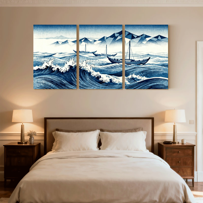 Ensemble de 3 impressions sur toile Blue Waves, H 24 po x l 48 po