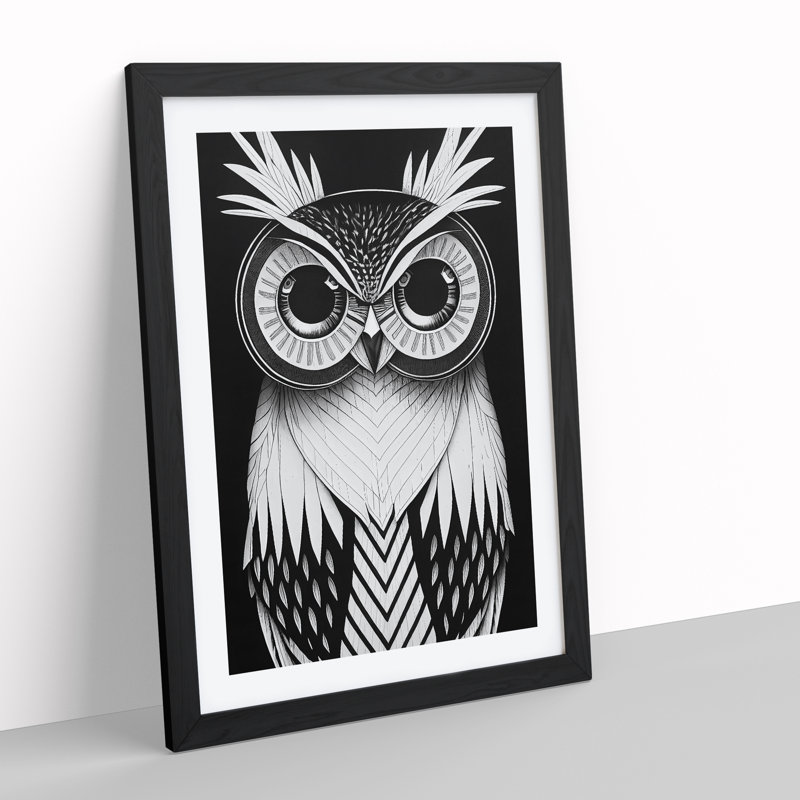Monochrome Owl No.4 1 Piece Single Picture Frame Painting, 34cm H x 25cm W x 2cm D, Black