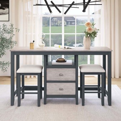 Farmhouse Rustic 3-Piece Counter Height Wood Dining Table Set With Cabinet,2 Storage Drawers And 2 Stools For Small Places, Gray And Distressed Light -  Red Barrel StudioÂ®, 29B2A88A9FDB4203A1786A811F223F43