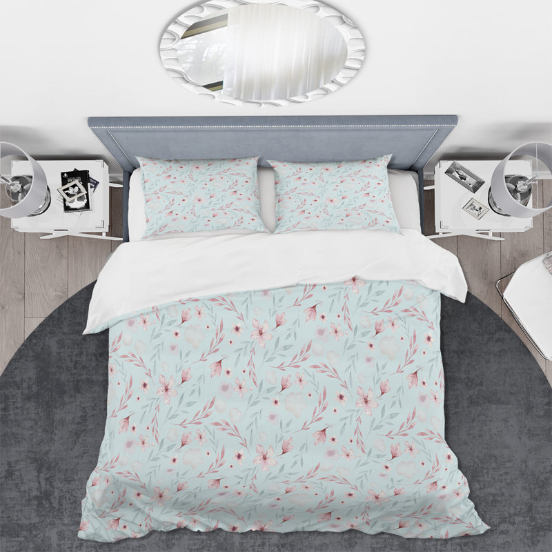 Fleurs de saule rose sur fond bleu clair - ensemble de housse de couette bohémien - microfibre de polyester