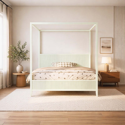 Solid Wood Queen Four Poster Canopy Platform Bed Frame, Fluted Panel Headboard & Footboard Canopy Bed with Full Wood Slat Mattress Support