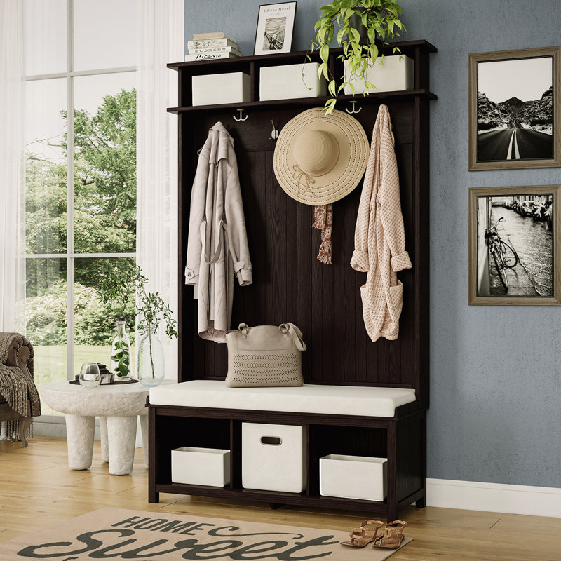 Espresso Solid Wood Hall Tree with Storage Bench and Hooks