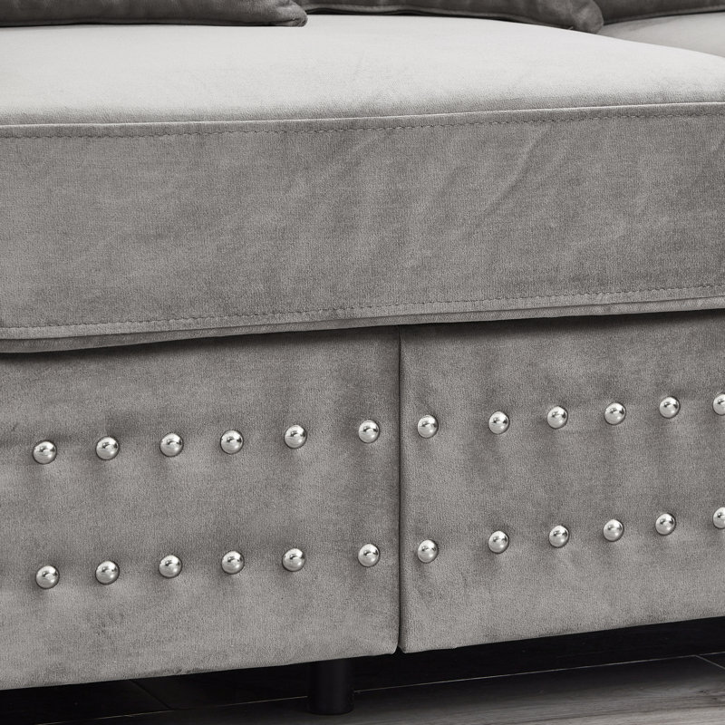 Velours gris à 3 places au design moderne, accoudoirs carrés décorés de clous argentés, structure en bois massif, siège à ressorts confortables, coussin amovible, espace de rangement et clous, grande élasticité