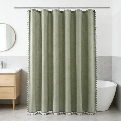Linen Shower Curtain With Weighted Tassel Design, Water Repellent Farmhouse Chic Bath Curtain Set Includes Hooks, Natural Linen Blend Fabric For Rustic Vintage Or Modern Bathrooms
