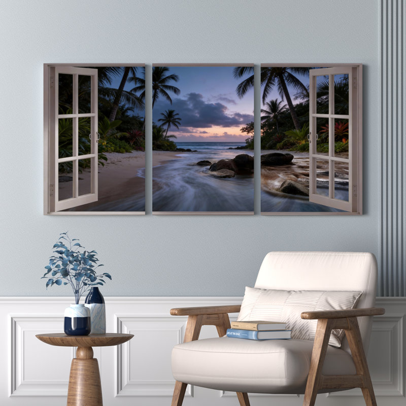 Tropical Beach Sunset Window View Canvas Wrapped Wall Art Set Of 3, 1624