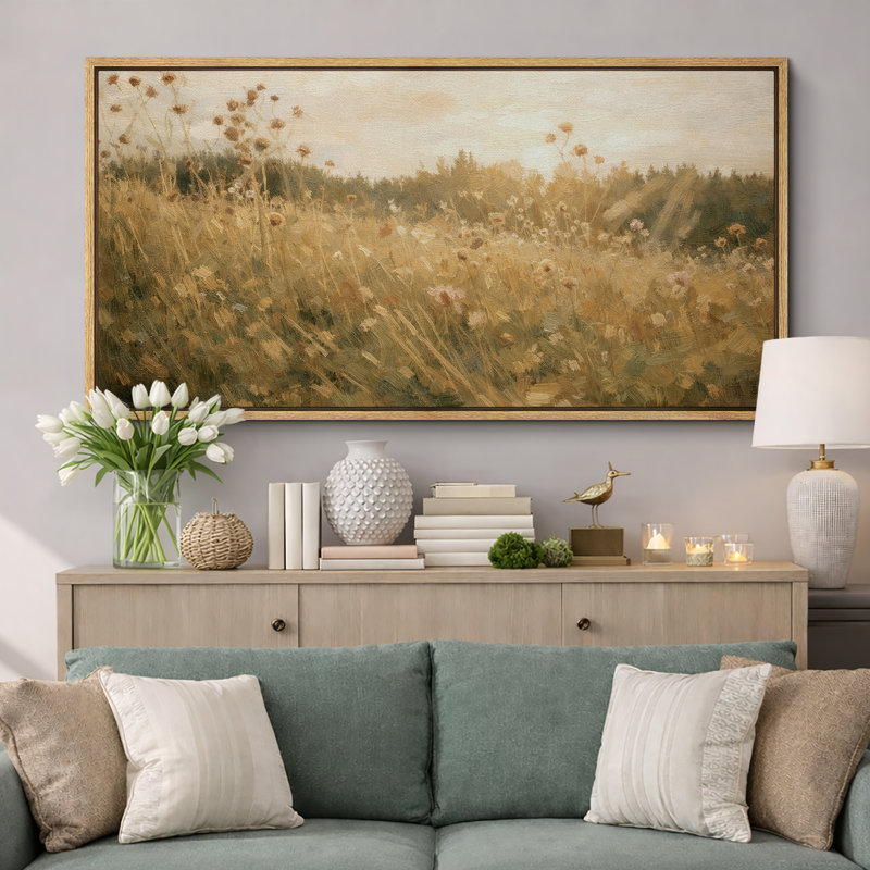Impression sur toile encadrée Golden Meadow Wildflower Field Nature Landscape, H 30 po x l 60 po, Naturel