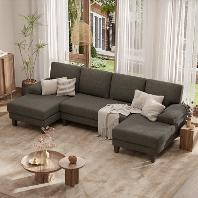 110" U-Shape Sectional Sofa With Armrests, Wood-Seat, Metal Frame & Upholstery, Modern Comfy Design For Living Room Or Family Lounge