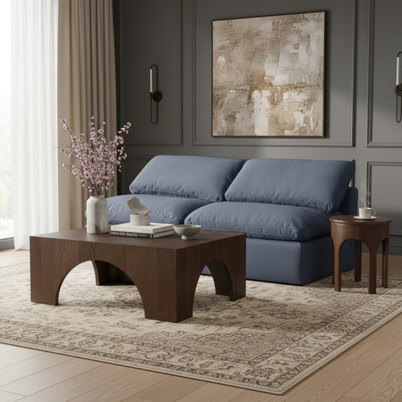 Causeuse rembourrée 70 po Itala, Tissu texturé en lin bleu marine