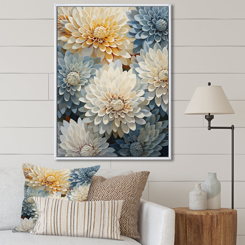 «Mums Blue and White Elegance», reproduction sur toile, Encadrement doré, H 20 po x l 12 po