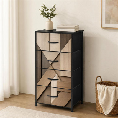 Commode à 4 tiroirs pour chambre à coucher à panneaux géométriques en bois naturel