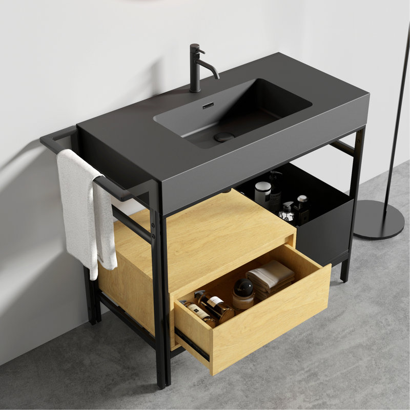 Meuble-lavabo de style industriel avec structure en métal, Black/Oak