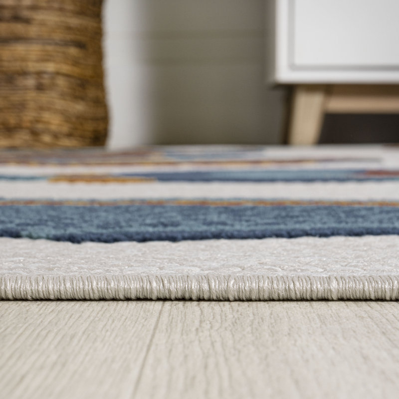 Tapis intérieur / extérieur bleu marine / orange / crème Wigand, Rectangle 5 pi 3 po x 7 pi 7 po