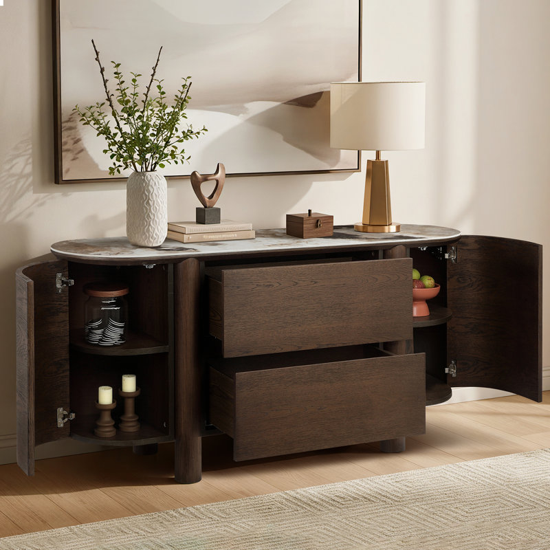 Mavell 63" Modern Oak Wood 2-Drawer Sideboard with Silver Fox Ceramic Top
