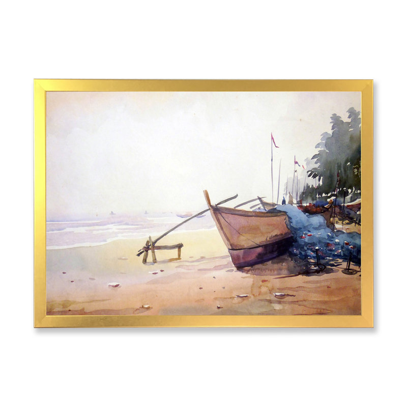 Bateaux de pêche dans le port - Peinture sur toile, H 16 po x l 32 po x P 1 po, Cadre doré