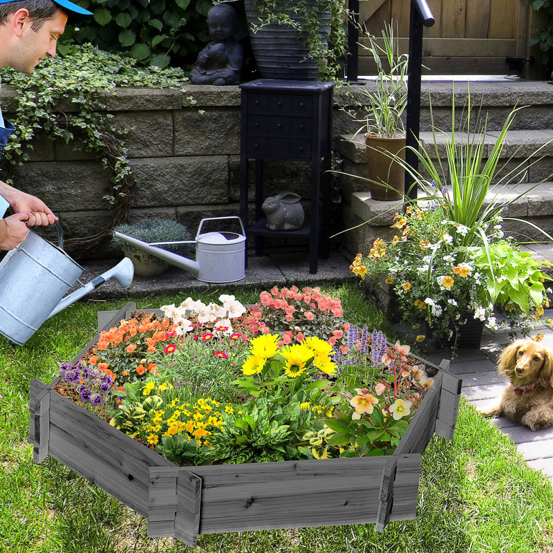 6.24" H Wooden Raised Garden Bed, Gray - 39" X 36" Hexagon Planter For Outdoor Plants, Veggies, Flowers, Herbs Open Style, Weather Bed In Gray, 6" Quick To Assemble,