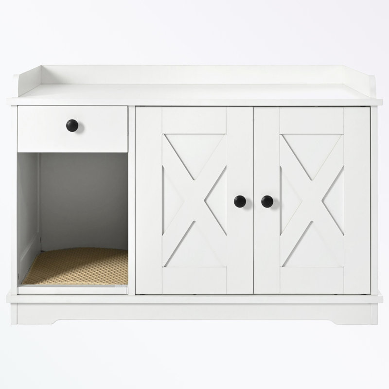 Cat Litter Box Enclosure with Cat Litter Mat and Storage Drawer Side Table