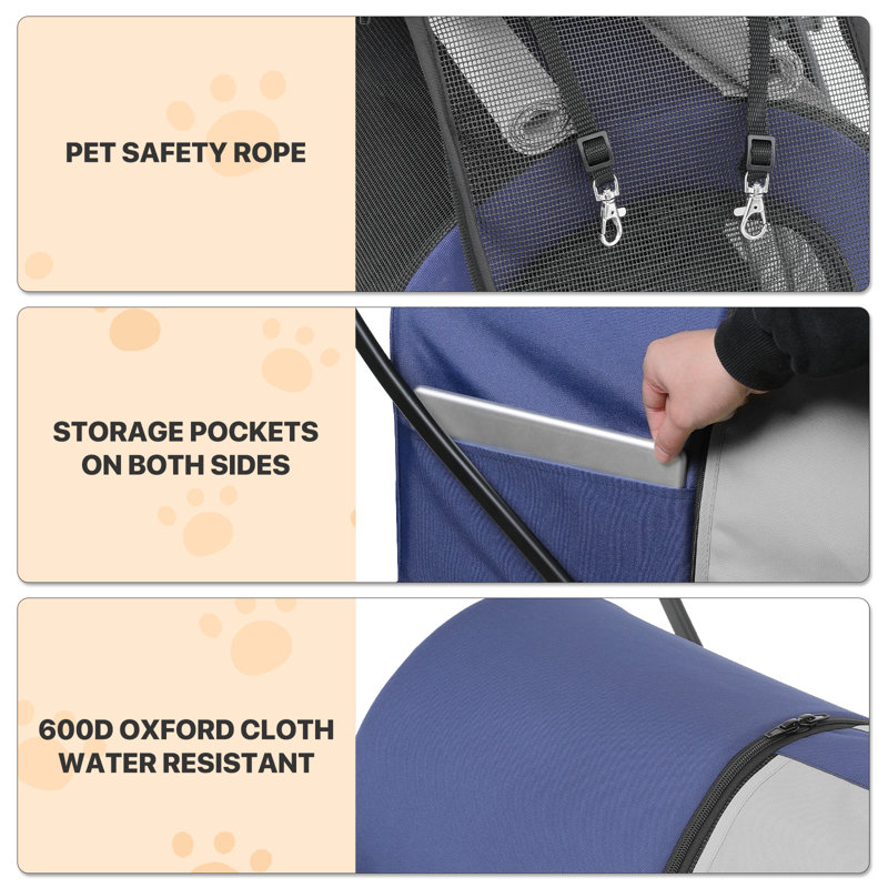 Foldable Pet Stroller with Double Detachable Carriers, Folding Dog Cat Jogger Stroller with Tether, Blue/Gray