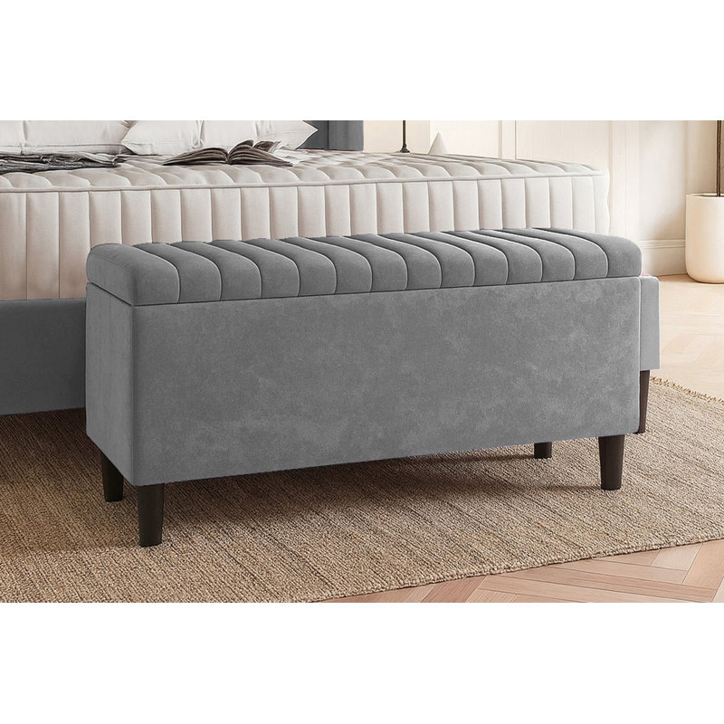 Plush Velvet Lined Upholstered Ottoman Storage Box with Wooden Legs, 45cm H X 120cm W X 40cm D, Grey