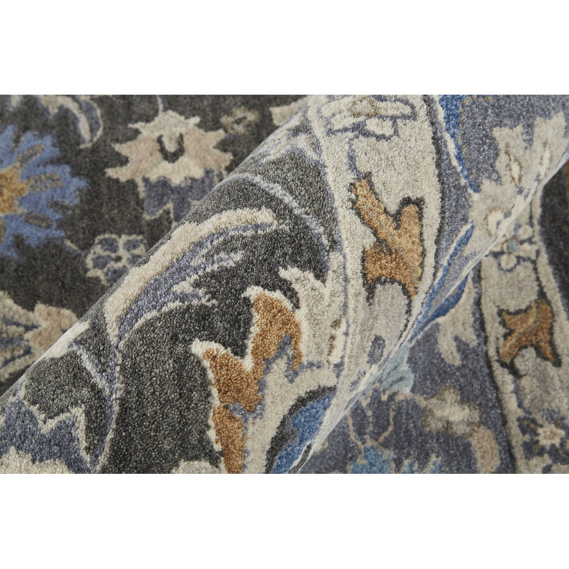 Azalea Wool Oriental Area Rug in Taupe/Blue/Ivory, Rectangle 5' x 8'