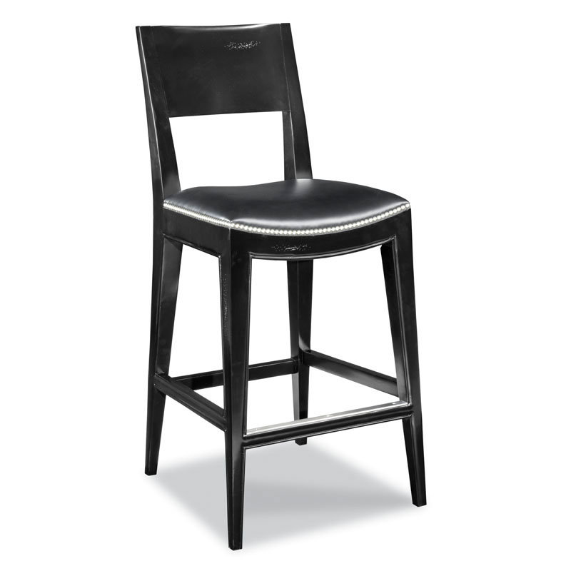Cashiers Upholstered Stool with Solid Wood Frame, Black Leather/Black Frame, Counter Stool (24" Seat Height)