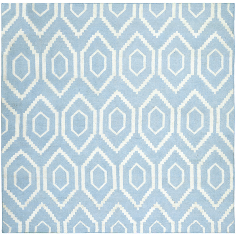 Dhurries Hand Woven Flat Weave Wool/Cotton Geometric Rug in Ivory/Blue, Square 8'