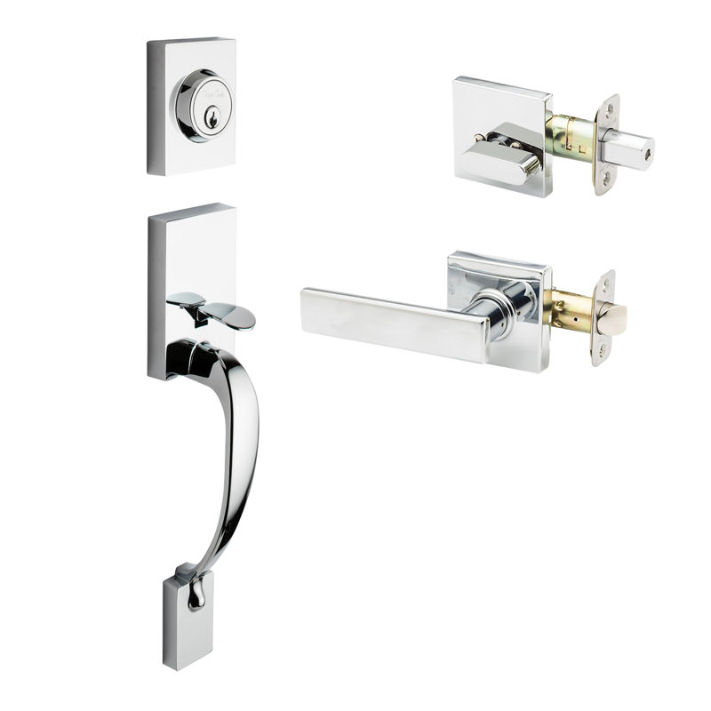 Jeu poignées avec verrou cylindrique simple et levier et rosette de porte, Acier inoxydable poli