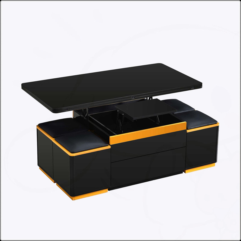 Table basse relevable avec 4 tabourets de rangement, table basse compacte avec plateau pliable, table basse réglable multifonctionnelle pour le salon