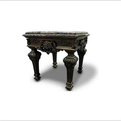 Solid Wood Traditional End Table with Marble Top, Hand Carved Sofa Side Table
